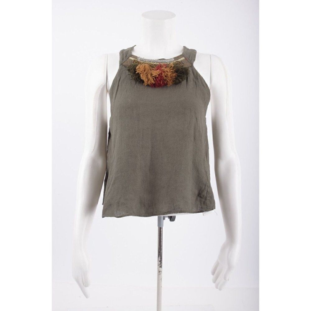 Zara Women Applique Linen Crop Top Boxy Tank Beaded Fringe XS Green 7997/270 NWT